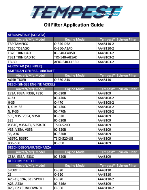 Tempest Oil Filter Application Guide – Aircraft Supply & Repair, Inc.